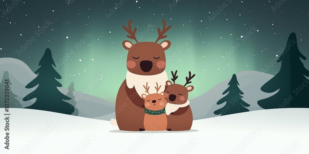 A cozy scene featuring a parent reindeer embracing a child against a snowy backdrop with northern lights and evergreen trees. A cozy scene featuring a parent reindeer embracing a child against a snowy backdrop with northern lights and evergreen trees.