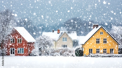 Three Houses Covered in Snow During a Winter Snowstorm