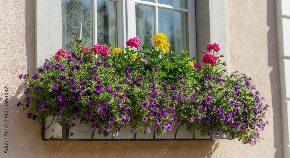 colorful window box flowers on sunny facade colorful window box flowers on sunny facade