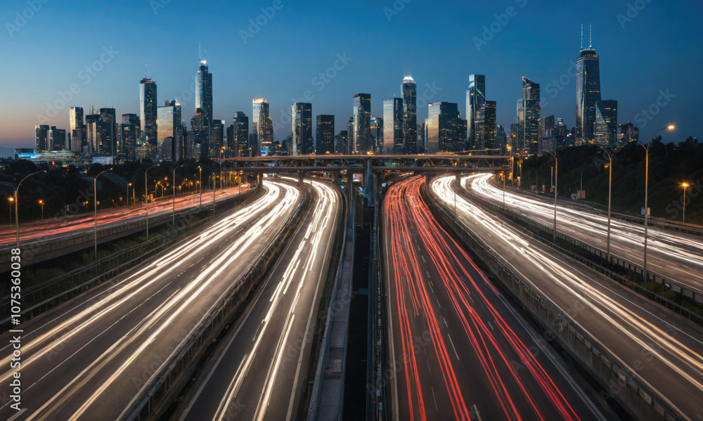 Traffic streaks through the city at dusk, creating a mesmerizing display of light trails Traffic streaks through the city at dusk, creating a mesmerizing display of light trails