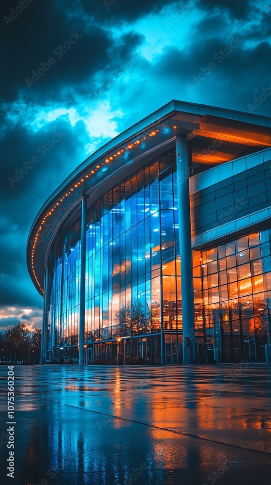 Fototapeta premium Modern glass building with a curved facade under a dramatic sky.