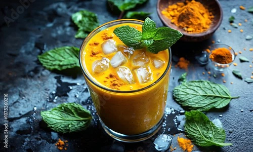 Iced turmeric milk with mint leaves on a table
