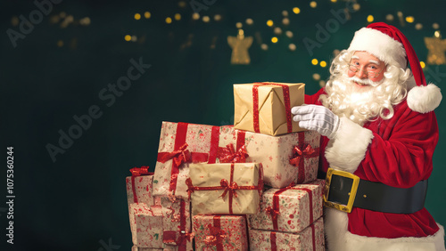 Festive Christmas Santa with gift tower - holiday cheer and joyful celebration for seasonal design photo