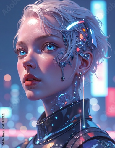 A hyperrealistic, cyberpunk portrait of a cybernetically enhanced human photo