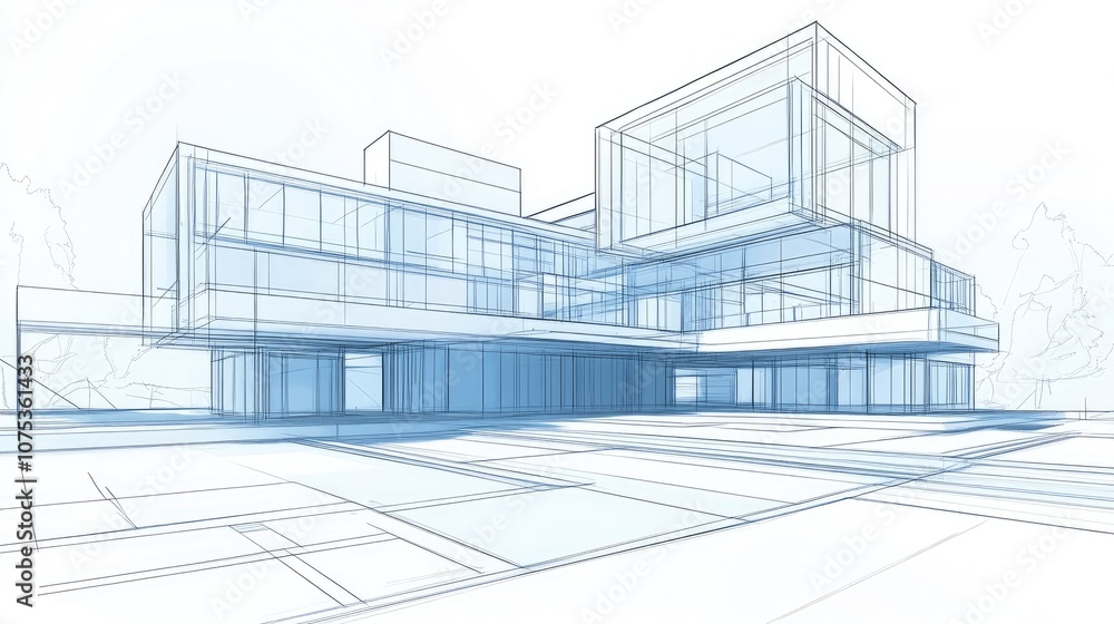 Line art depiction of contemporary architectural design in a 3D format Line art depiction of contemporary architectural design in a 3D format