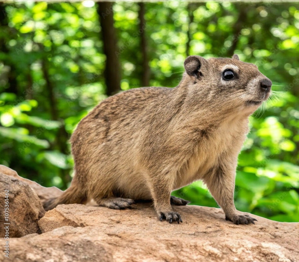 Rock hyrax standing on red rock in lush green forest