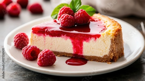 Slice of cheesecake with raspberry sauce on a white plate