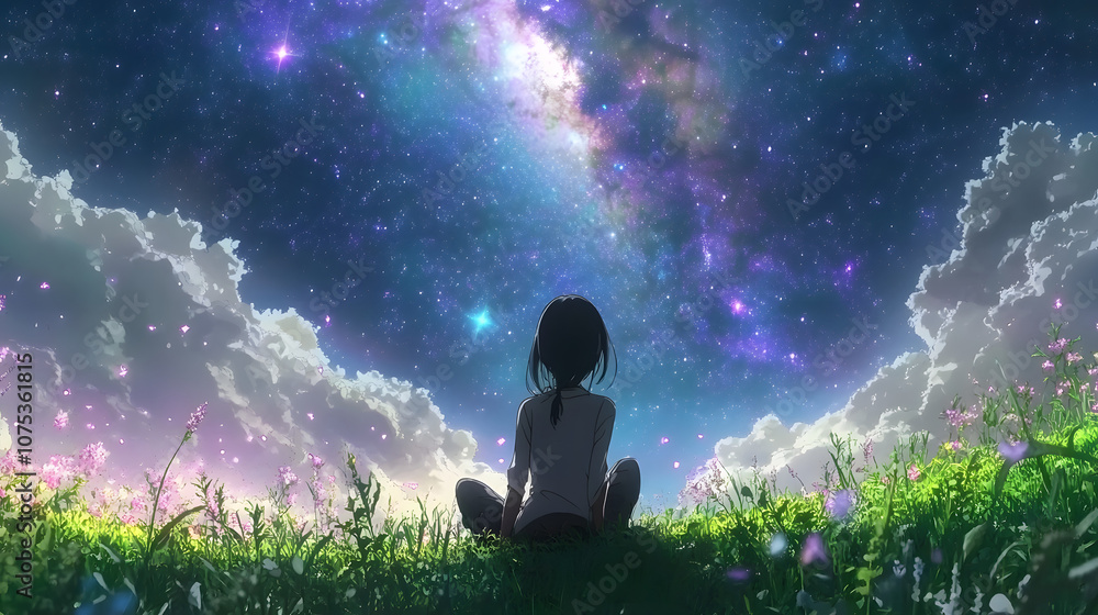 Anime girl stargazing. Cute girl looking at the night sky and watch the ...