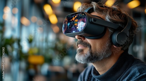 A bearded man wearing a VR headset is deeply engaged in a virtual environment, surrounded by modern office decor, symbolizing innovation and focus.