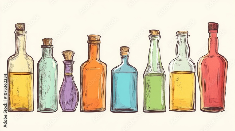 Line art illustration featuring a variety of vibrant bottles Line art illustration featuring a variety of vibrant bottles