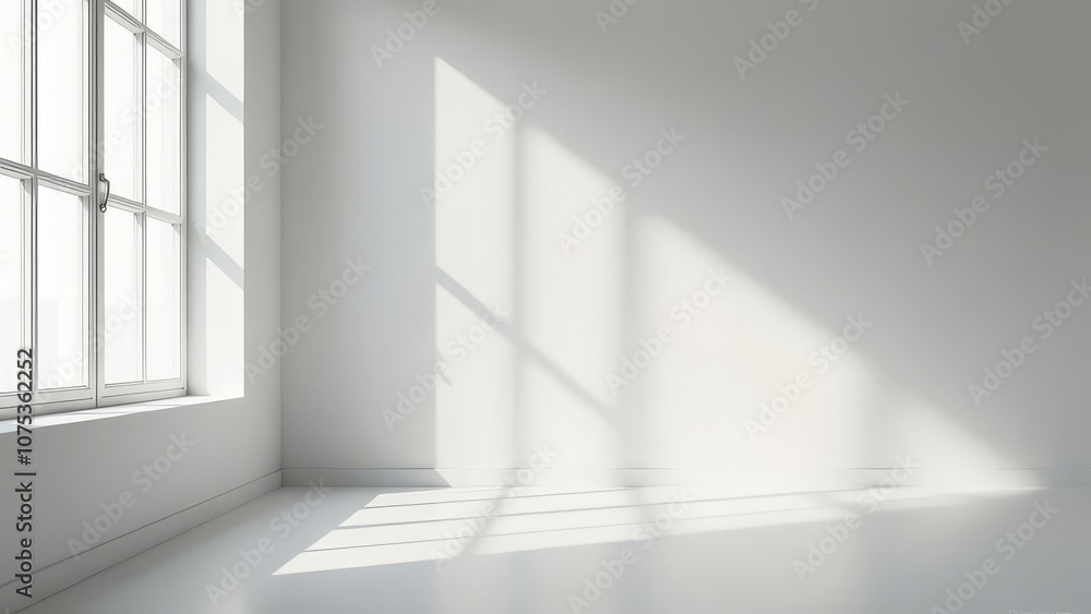 Sunlit minimalist empty room with large window casting shadows Sunlit minimalist empty room with large window casting shadows