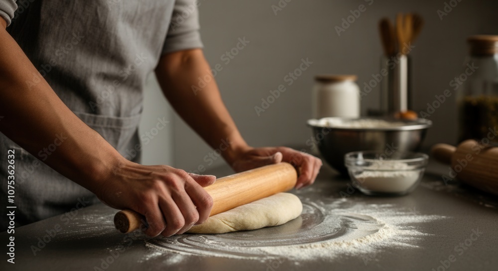 Homemade pastry preparation with rolling pin on kitchen counter Homemade pastry preparation with rolling pin on kitchen counter