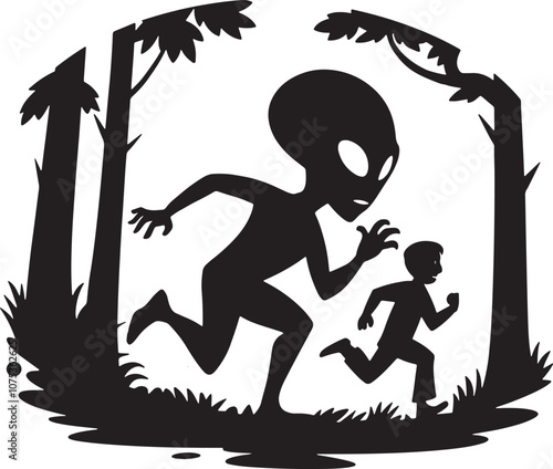 Alien Running After Human Silhouette Vector Illustration Graphic