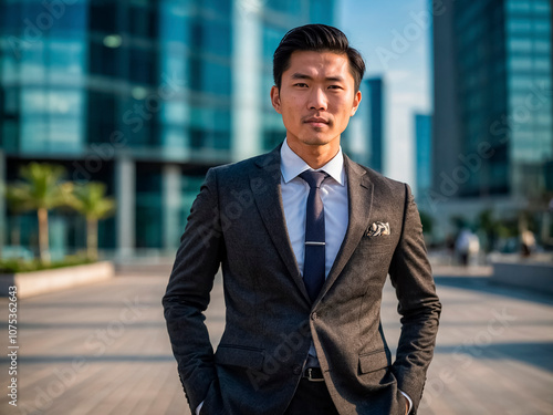 Young Asian businessman in a classic suit against the background of a business center