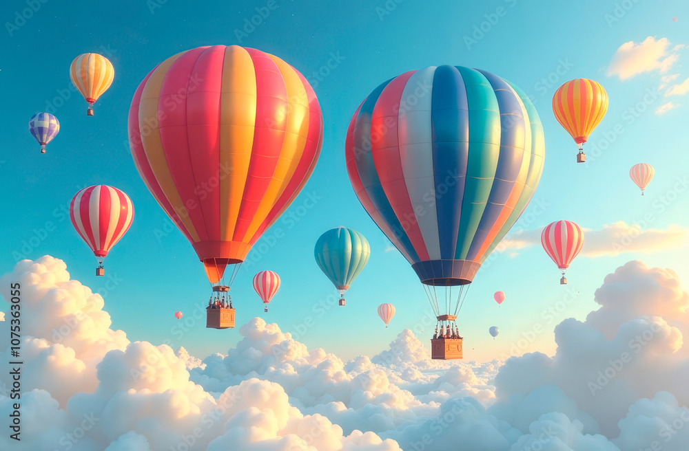 Fototapeta premium Hot air balloons gracefully soar amidst fluffy clouds under a bright blue sky. The scene evokes a sense of adventure and freedom, capturing the serene beauty of a perfect day for flying.
