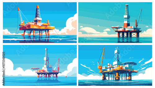 Cartoon oil platform. Sea ocean landscape with petrol fuel gas drilling tower rig, industrial scene set vector illustration