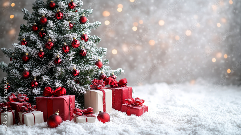 A large white Christmas tree with red ornaments and Presents sits in a snow-covered field A large white Christmas tree with red ornaments and Presents sits in a snow-covered field