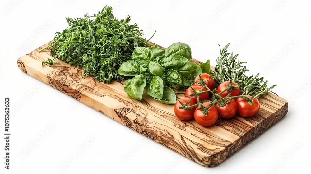 Fresh Herbs and Cherry Tomatoes Arranged on a Rustic Wooden Cutting Board Perfect for Culinary Arts and Healthy Cooking Inspiration Fresh Herbs and Cherry Tomatoes Arranged on a Rustic Wooden Cutting Board Perfect for Culinary Arts and Healthy Cooking Inspiration