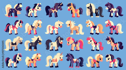 Cartoon ponies. Cute farm little horses animal character, flat domestic equine pet with mane and tail set vector illustration