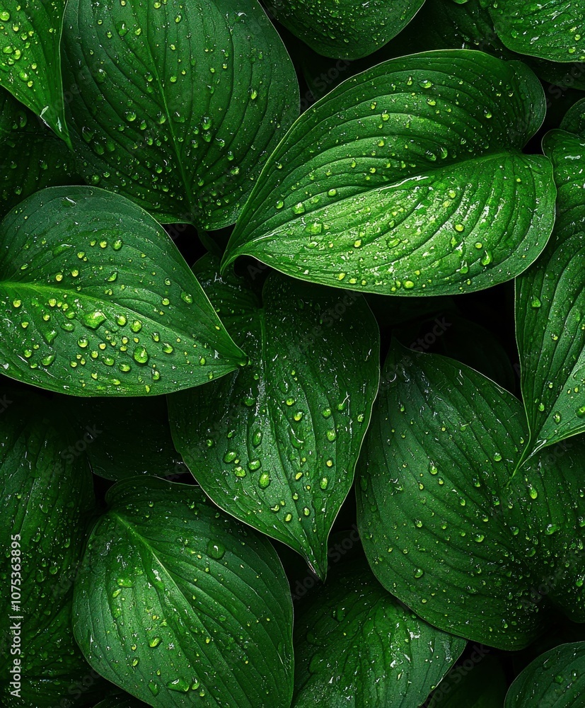 Obraz premium Lush Green Leaves with Water Droplets: A Close-Up of Nature's Tranquility