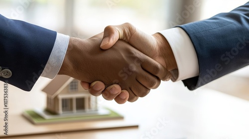 Business handshake over desk with model house, symbolizing real estate partnership