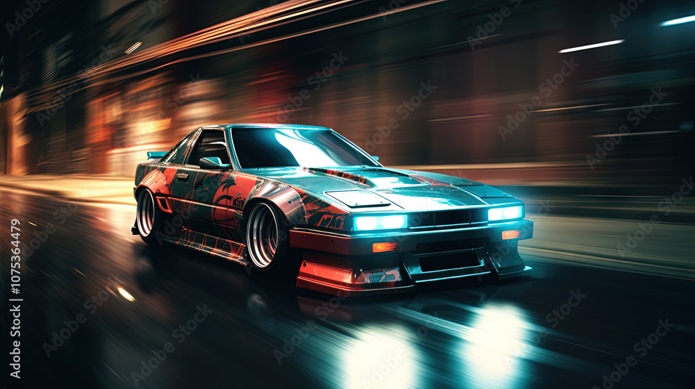 Street racing scene with sport car in neon lights. Speed lines and light trails of night urban drive. Street racing scene with sport car in neon lights. Speed lines and light trails of night urban drive.