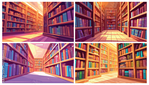 Cartoon public library. Bookstore bookshelves interior, corridor with books, school university studying set vector illustration