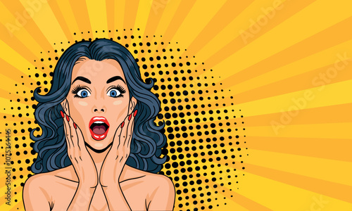 Young surprised brunette in pop art style. On a yellow background. Pop art vector comic style