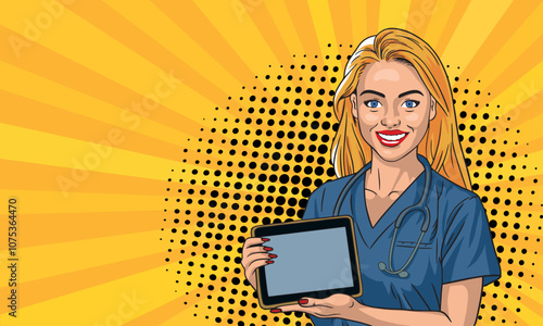 Young woman doctor in pop art style smiles and holds a tablet in her hands. On a yellow background. Pop art vector comic style