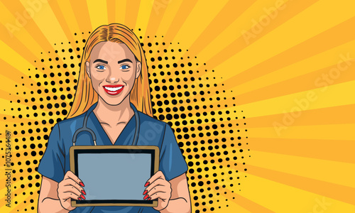 Young woman doctor in pop art style smiles and holds a tablet in her hands. On a yellow background. Pop art vector comic style