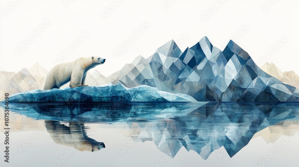 Naklejka premium Polar Bear Standing on a Melting Iceberg with Geometric Mountains in the Background