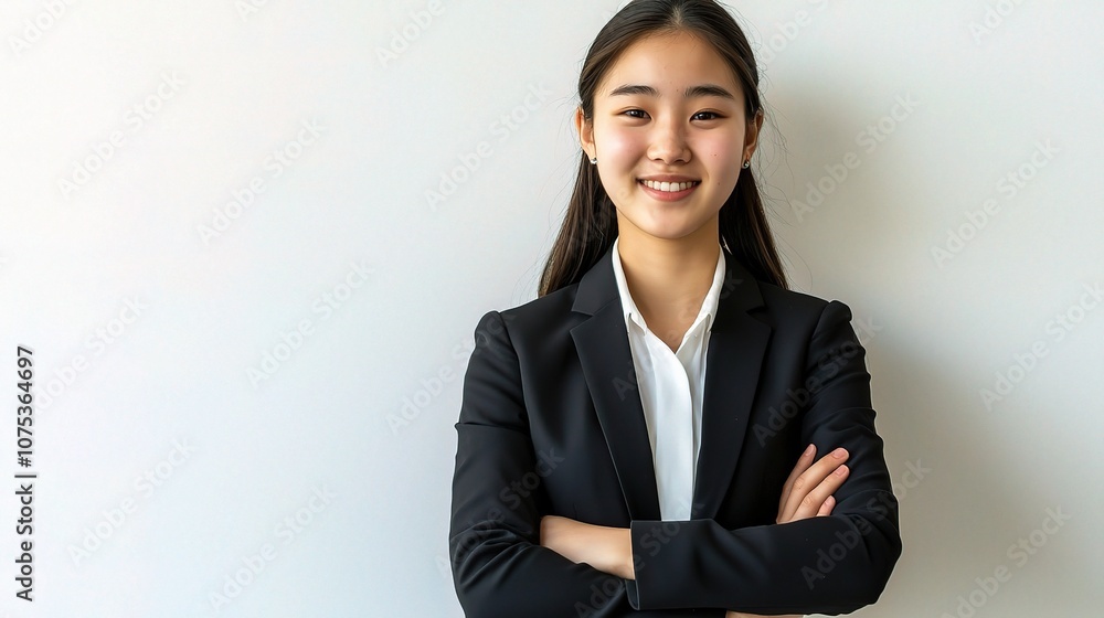 Confident Asian Businesswoman in Black Suit with Arms Crossed Smiling Against a Minimalist Background Portraying Professionalism and Success Confident Asian Businesswoman in Black Suit with Arms Crossed Smiling Against a Minimalist Background Portraying Professionalism and Success