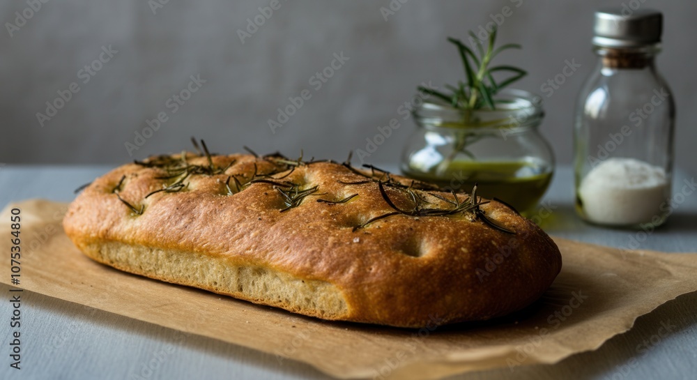 Freshly baked rosemary focaccia bread on wooden table Freshly baked rosemary focaccia bread on wooden table