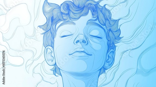 Line art illustration featuring a cold gradient depiction of a cartoon boy