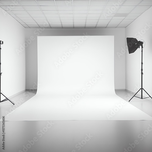 Studio space with white backdrop and lighting equipment, ideal for photography or filming. photo