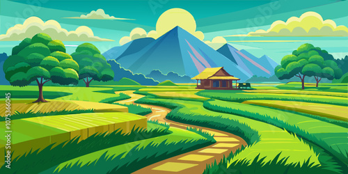 Rural landscape with rice fields, mountains and blue sky. Vector illustration 