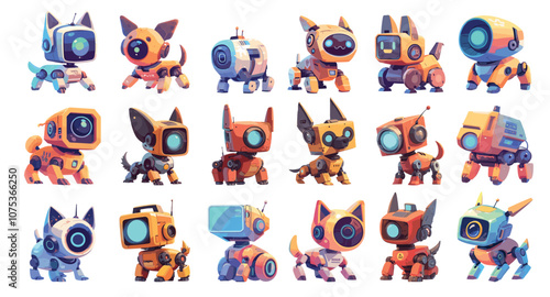 Cartoon robot pets. Future electronic dog or cat pet machine, robotic smart artificial puppy kitty toy character set vector illustration