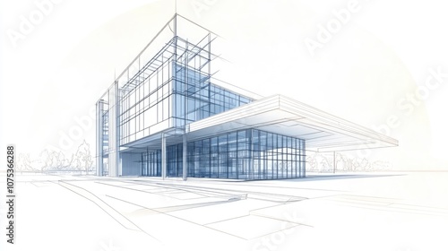 Line art illustration showcasing the construction of an architectural building in a three dimensional perspective