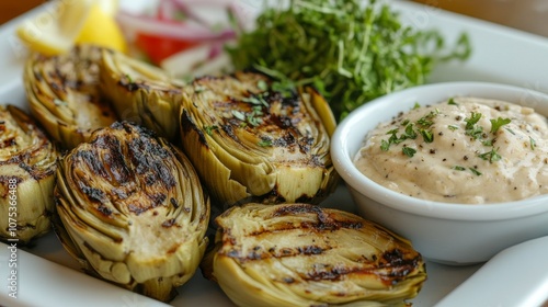 Grilled Artichokes with Creamy Dip and Greenery Garnish photo