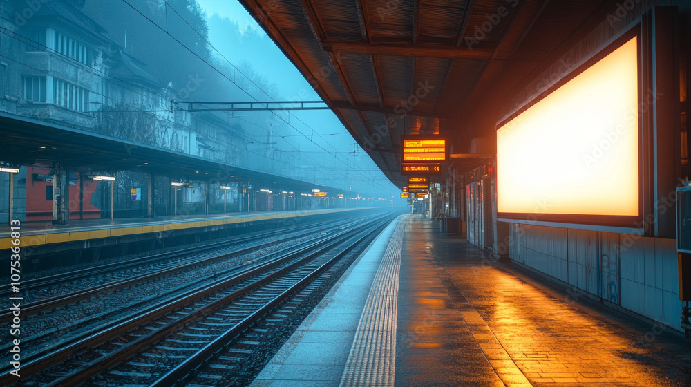 Obraz premium Misty morning train station with illuminated billboard and empty tracks