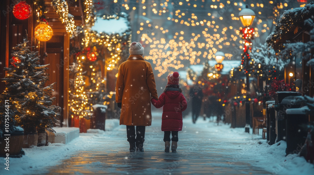 Mother and child strolling through festive holiday street with warm lights Mother and child strolling through festive holiday street with warm lights