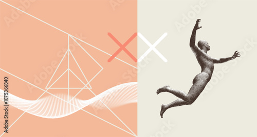 Jumping man. 3D model of the human body. Design for sport. Concept of leadership, freedom or development. Abstract digital wave in grid style. Sound wave. Big data visualisation. Vector illustration