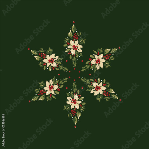 Series of christmas floral laurel arragements in snowflake form photo