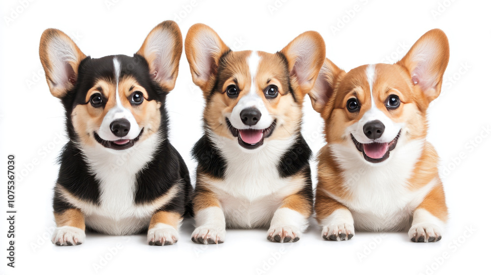 Corgis sitting together on white background, showcasing their playful and friendly nature. These adorable dogs have perky ears and bright smiles, perfect for any pet lover Corgis sitting together on white background, showcasing their playful and friendly nature. These adorable dogs have perky ears and bright smiles, perfect for any pet lover