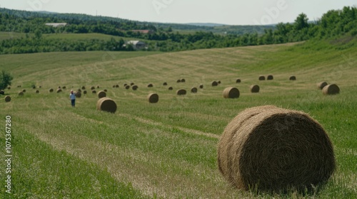 A woman works on a dairy farm, surrounded by hay bales in a rolling countryside landscape, reflecting rural life. photo