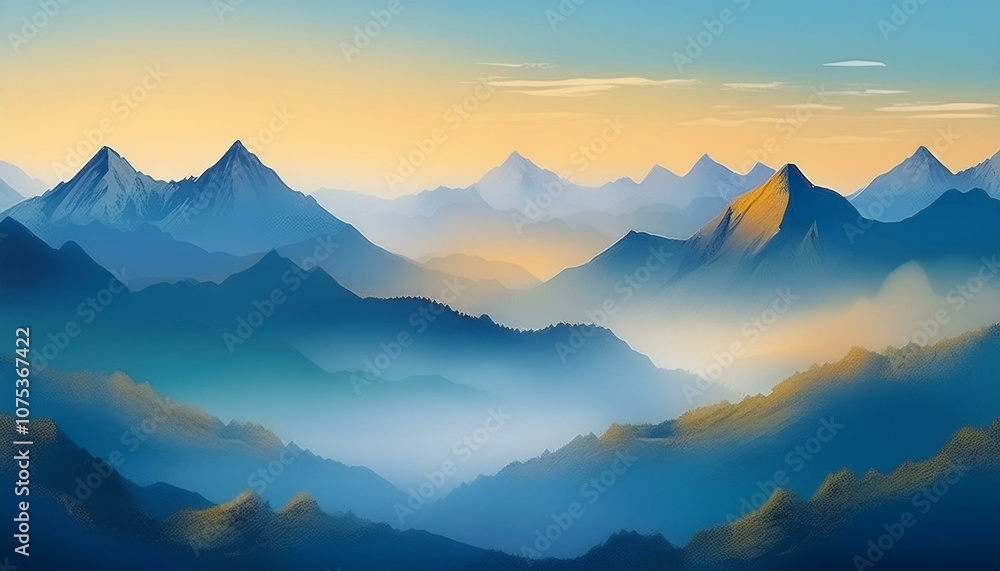 Fototapeta premium 안개가 끼인 산봉우리 동양화