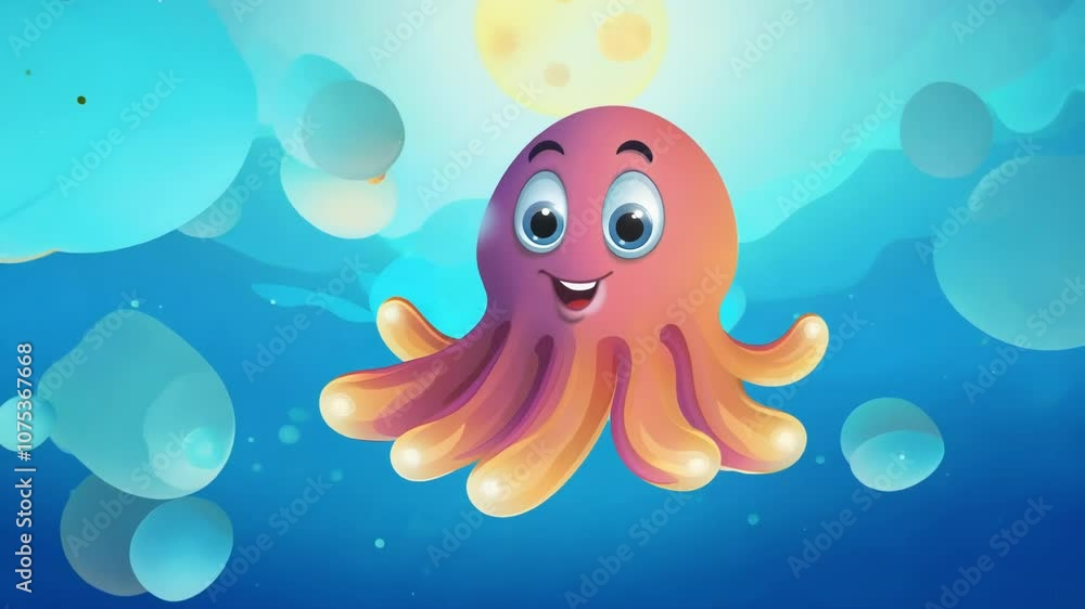 A cheerful animated octopus swims in a vibrant, underwater scene with bubbles floating around, conveying a sense of playfulness and joy. Perfect for kid-friendly content. A cheerful animated octopus swims in a vibrant, underwater scene with bubbles floating around, conveying a sense of playfulness and joy. Perfect for kid-friendly content.