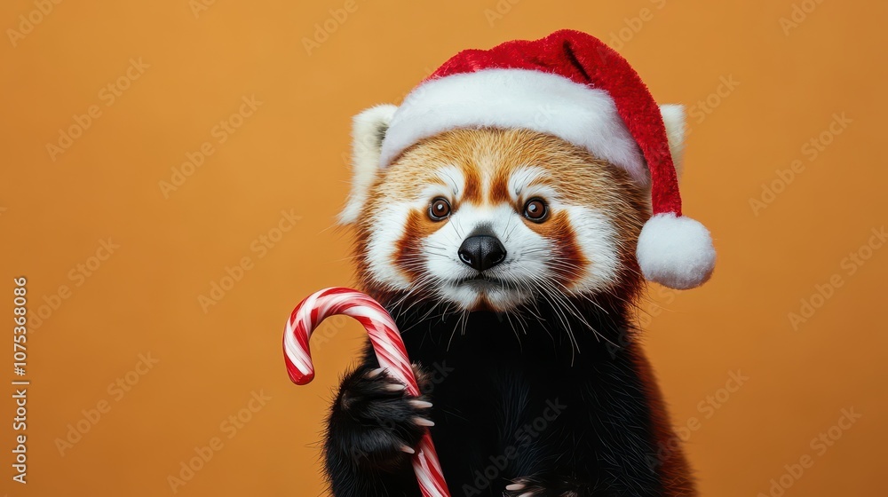 Festive red panda with candy cane wearing Santa hat for Christmas Festive red panda with candy cane wearing Santa hat for Christmas