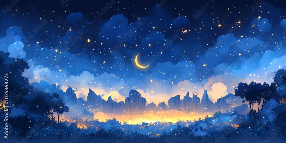 Naklejka premium A crescent moon shines brightly in a starry night sky over a silhouette of a forest.