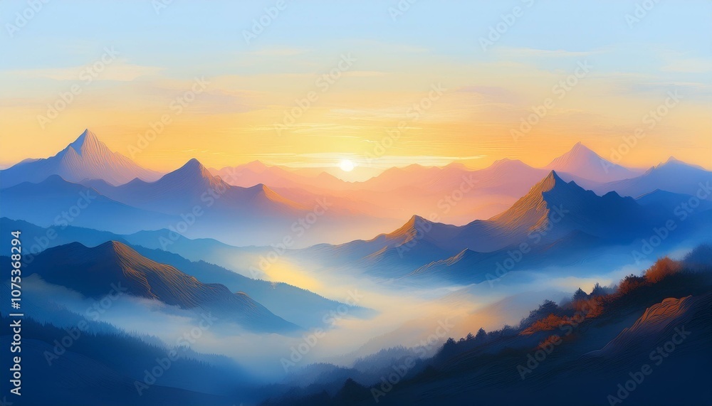 안개가 끼인 산봉우리 동양화